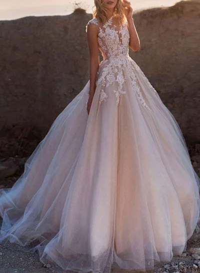 Ball-Gown Tulle Lace Pink Wedding Dresses With Train Appliques Lace
