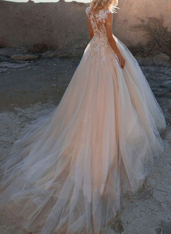 Ball-Gown Tulle Lace Pink Wedding Dresses With Train Appliques Lace