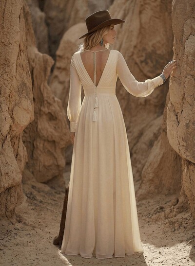 Simple Long Sleeves Wedding Dresses With Bridal Shower Chiffon Floor-Length V-Neck
