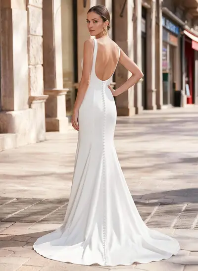 Simple Mermaid Elastic Satin Wedding Dresses With Reception Court Train