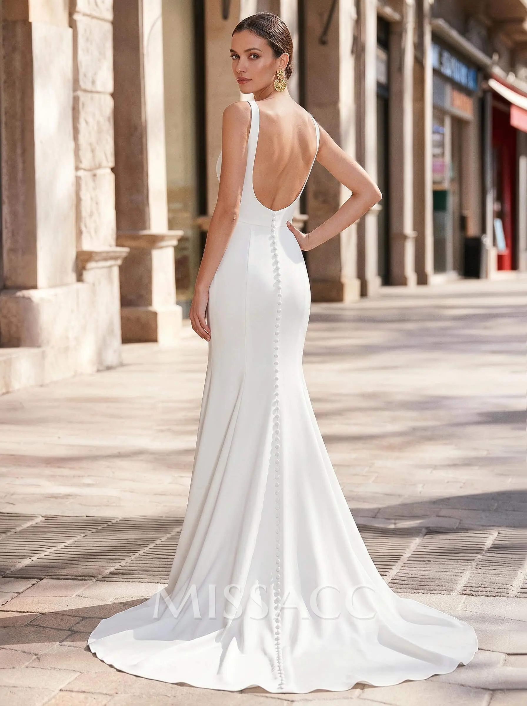 satin wedding reception dress June Bridals Mermaid Simple Satin Wedding Dress Spaghetti Straps Backless Reception Bridal Gown with Tied Back & Plunging Neck