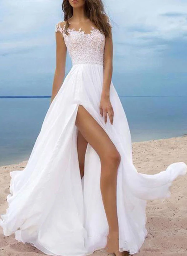 Missacc White Bride Boho Wedding Dresses 2023 Chiffon V Neck A Line Split Front Bridal Dresses For Beach Wedding