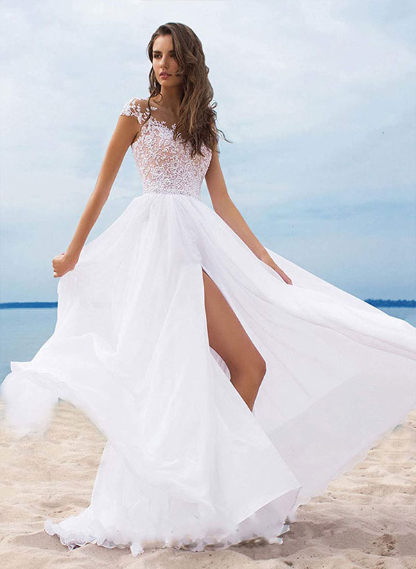 Boho Wedding Dresses 2023 Chiffon V Neck A Line Split Front Bridal Dresses For Beach Wedding