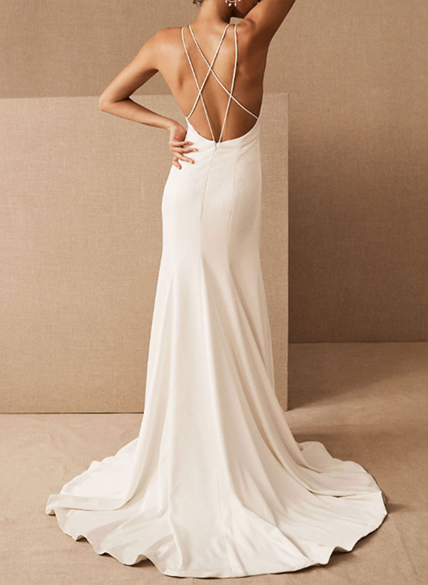 Simple Mermaid Wedding Dresses With V Neck Sleeveless With Train