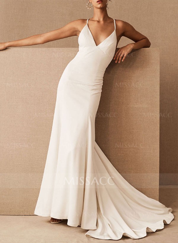 Simple Mermaid Wedding Dresses With V Neck Sleeveless With Train