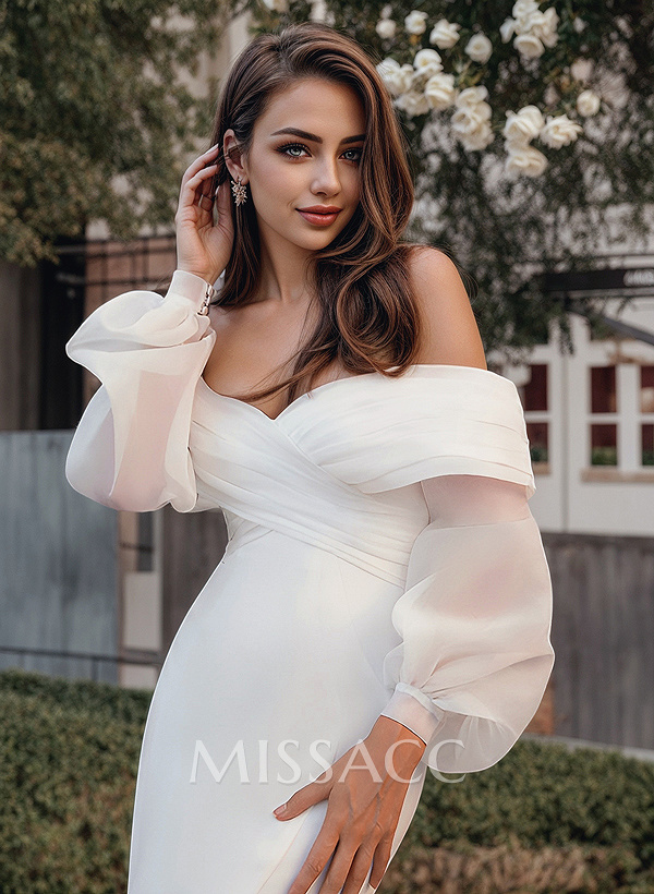 Mermaid Long Sleeves Wedding Dresses With Off-The-Shoulder Elastic Satin Simple Mermaid Long Sleeves Wedding Dresses With Off-The-Shoulder Elastic Satin Simple