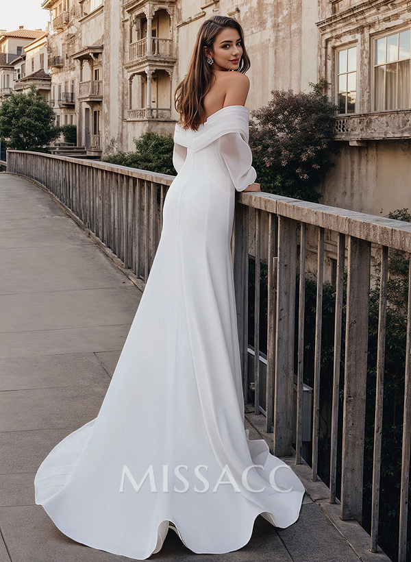 Mermaid Long Sleeves Wedding Dresses With Off-The-Shoulder Elastic Satin Simple Mermaid Long Sleeves Wedding Dresses With Off-The-Shoulder Elastic Satin Simple