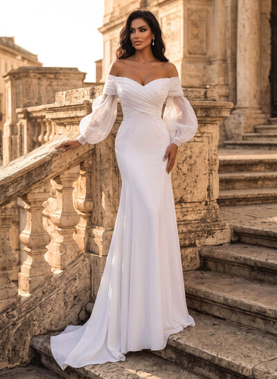 Mermaid Long Sleeves Wedding Dresses With Off-The-Shoulder Elastic Satin Simple