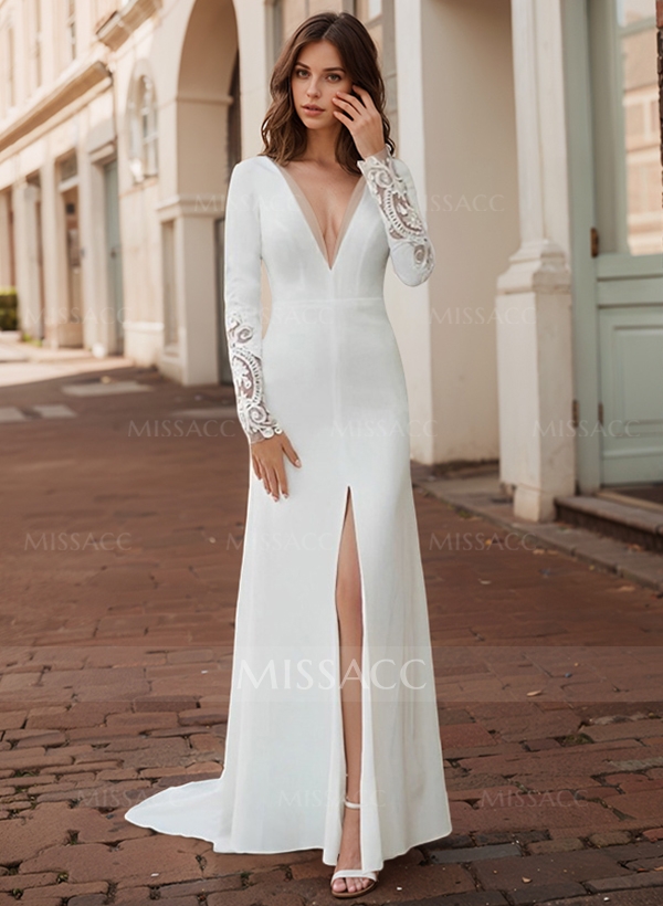Elegant Lace Long Sleeves Wedding Dress With Split Front