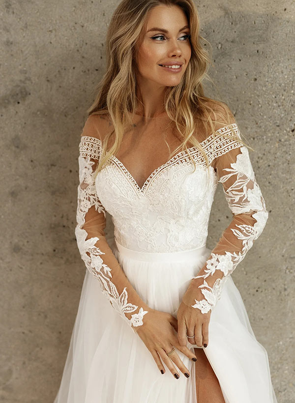 Lace Long Sleeves Wedding Dress With Split Front