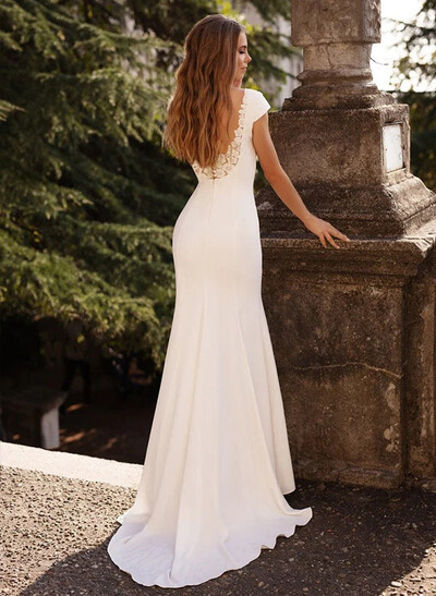 V-Neck Mermaid Wedding Dress With Short Sleeves