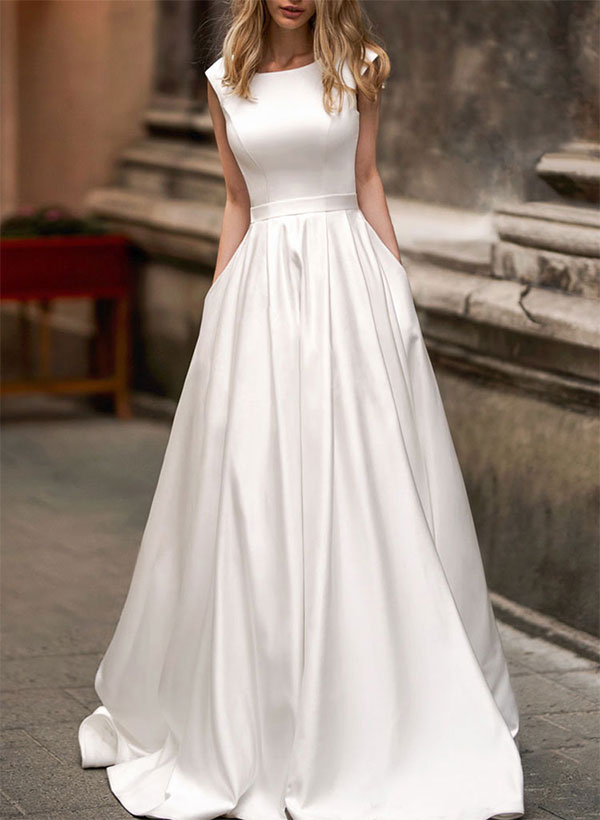 Vintage Wedding Dresses 2023 A Line Simple Satin Scoop Neck Bridal Gown