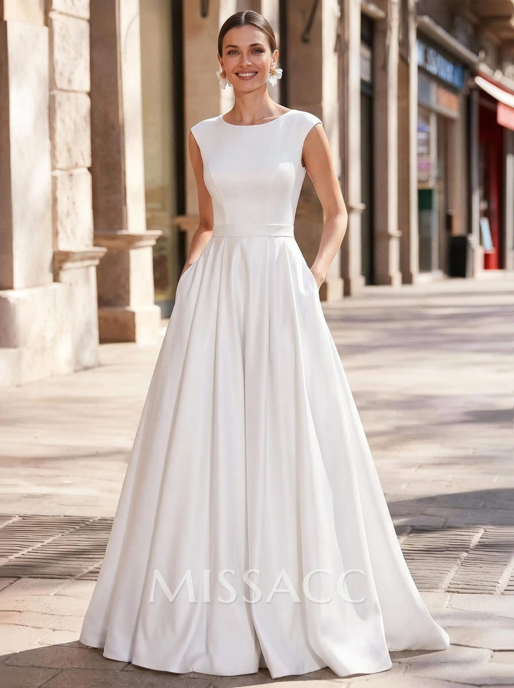Missacc Ivory Bride Vintage Wedding Dresses 2023 A Line Simple Satin Scoop Neck Bridal Gown