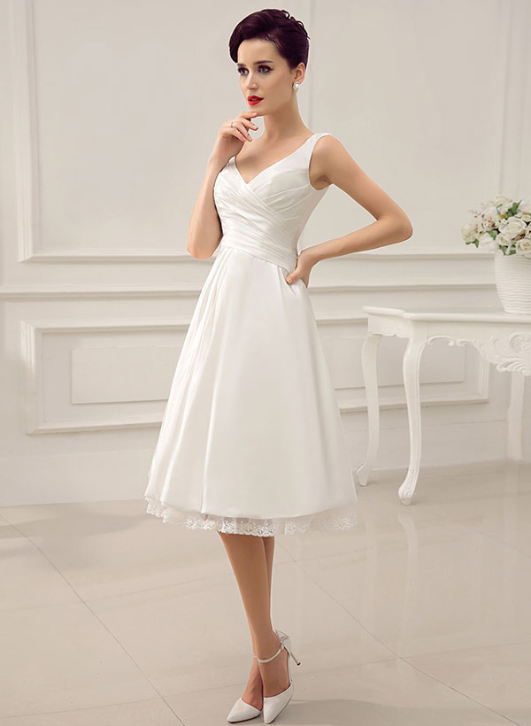 Simple Short Wedding Dresses 2023 Ivory Backless Satin Lace Up Bridal Dress