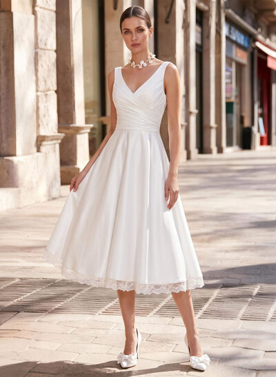 Simple Short Wedding Dresses 2023 Ivory Backless Satin Lace Up Bridal Dress