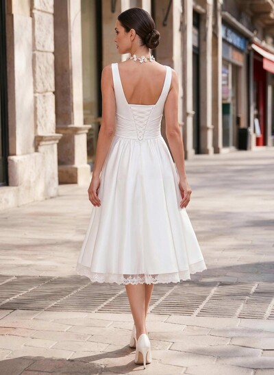 Simple Short Wedding Dresses 2023 Ivory Backless Satin Lace Up Bridal Dress