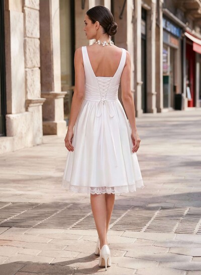 Simple Short Wedding Dresses 2023 Ivory Backless Satin Lace Up Bridal Dress