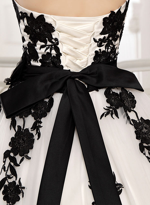 Black And White Wedding Dresses With Ball Gown Strapless Lace Sash Bridal Dresses