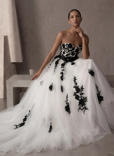Black And White Wedding Dresses With Ball Gown Strapless Lace Sash Bridal Dresses