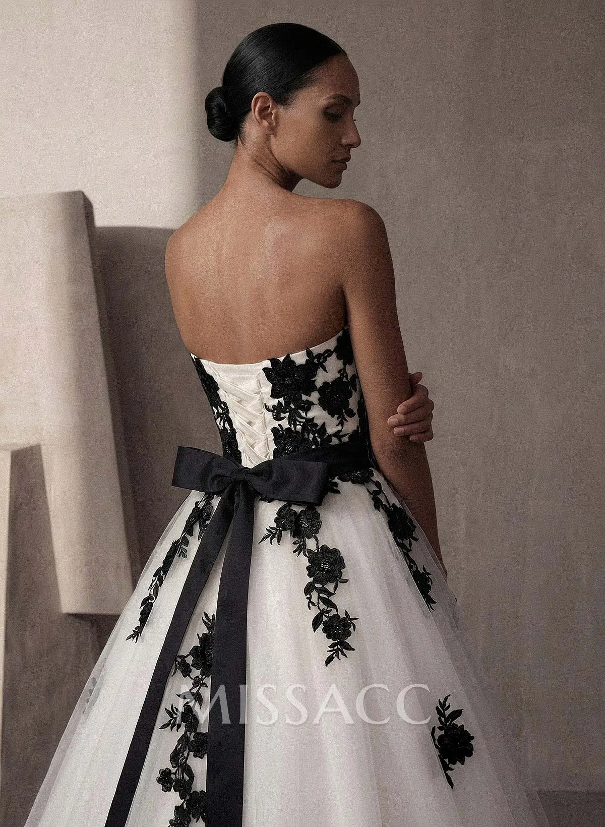 Missacc Bride Black And White Wedding Dresses With Ball Gown Strapless Lace Sash Bridal Dresses Missacc Bride Black And White Wedding Dresses With Ball Gown Strapless Lace Sash Bridal Dresses
