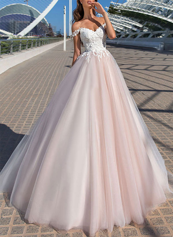 Princess Wedding Dresses With Court Train Off The Shoulder Sleeveless Lace Tulle Bridal Gowns