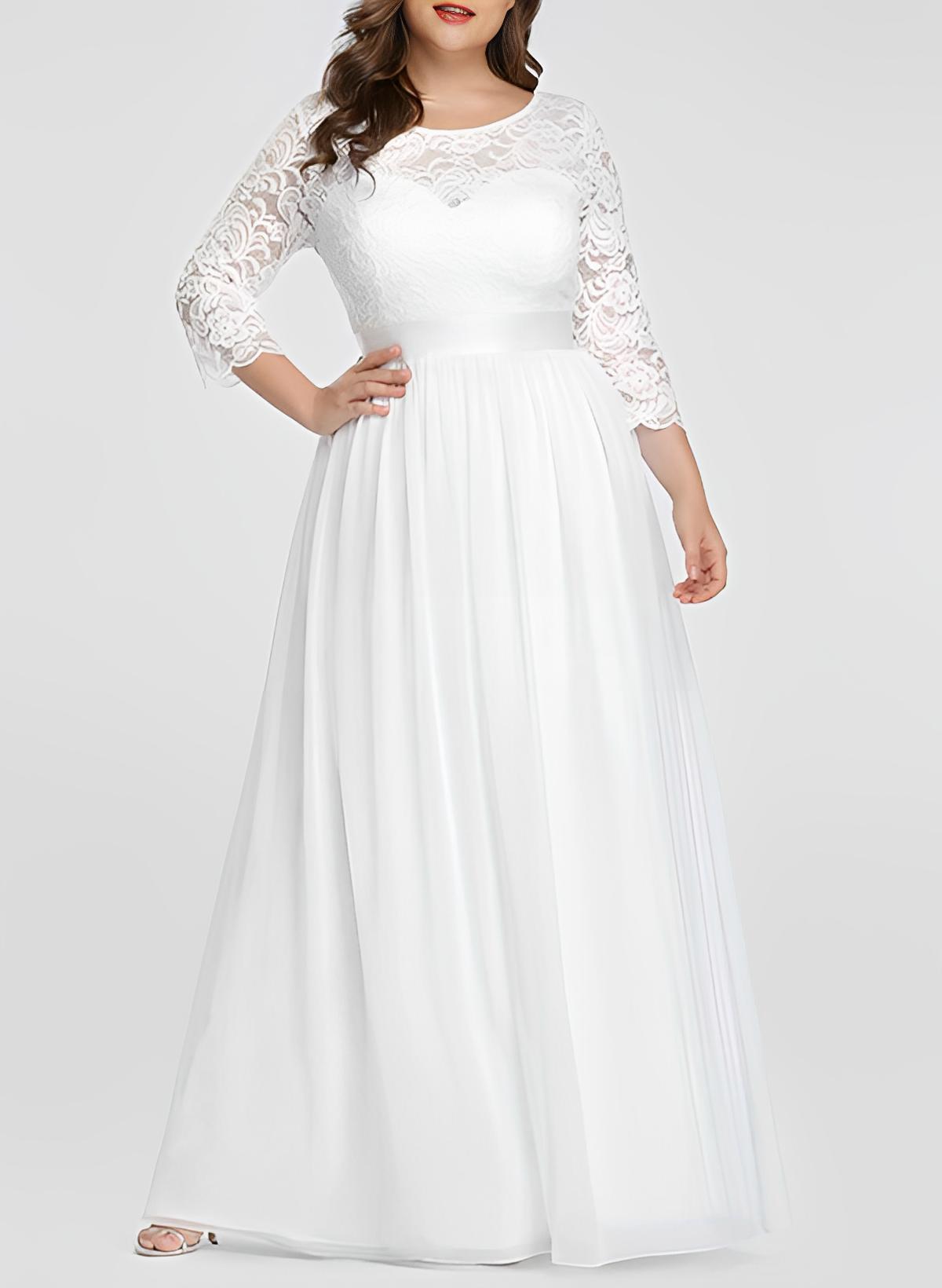 Plus Size Wedding Dresses With A-Line Floor-Length 3/4 Length Sleeves Lace Bridal Gowns