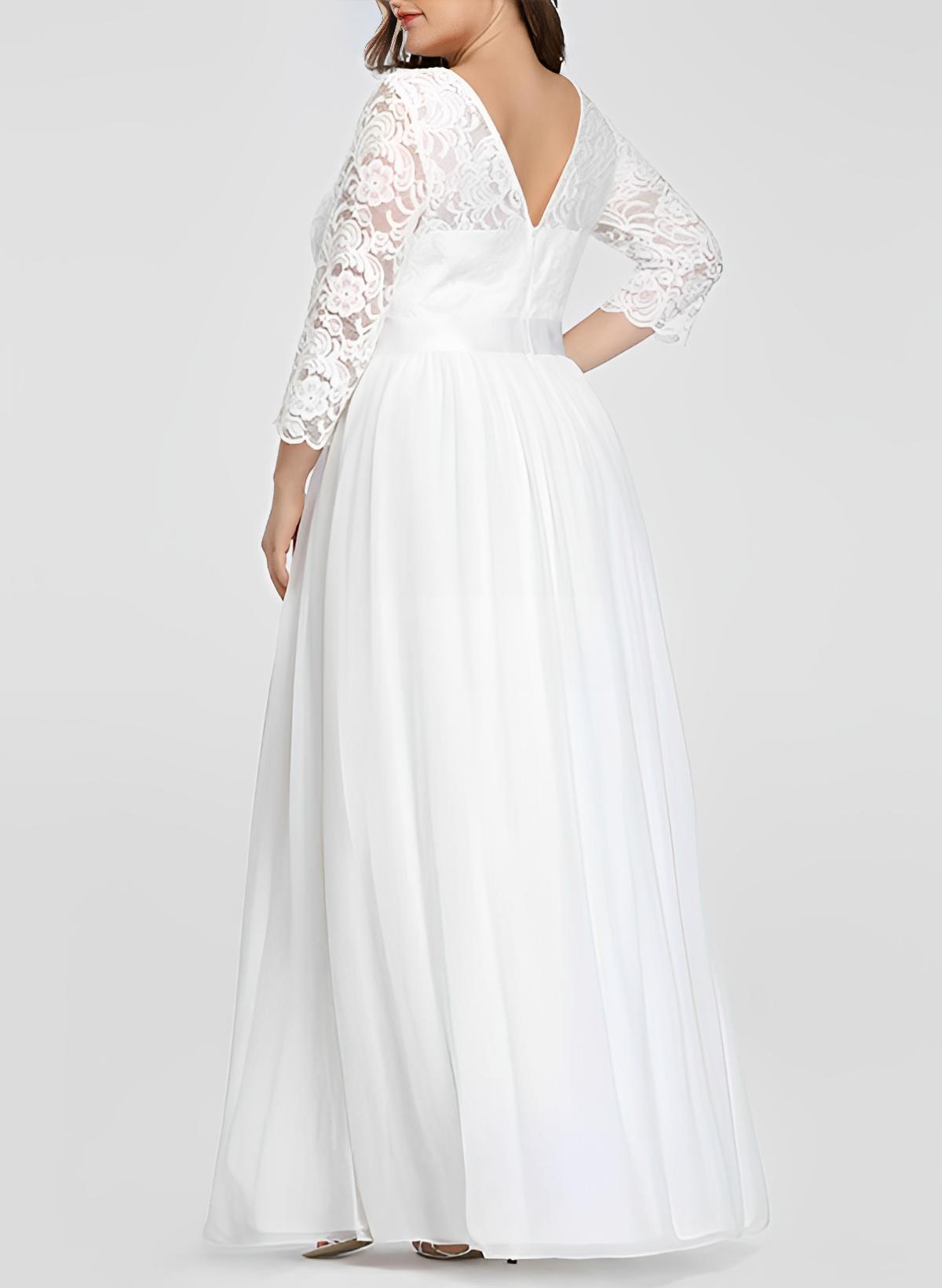 Plus Size Wedding Dresses With A-Line Floor-Length 3/4 Length Sleeves Lace Bridal Gowns