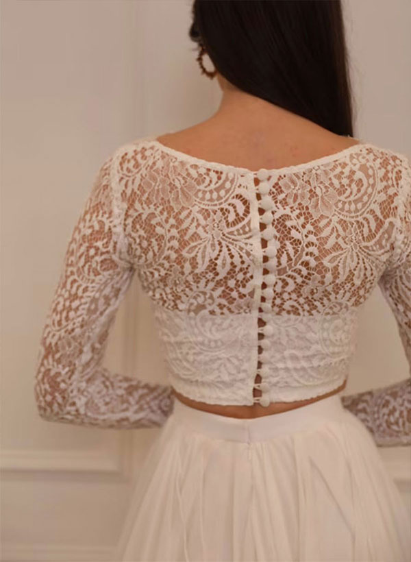 Two-piece Wedding Dresses With Chiffon Lace V-Neck A-Line Long Sleeves