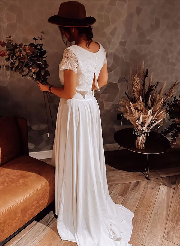 Ivory Two-piece Wedding Dresses With A-Line Scoop Neck Buttons Bridal Dress