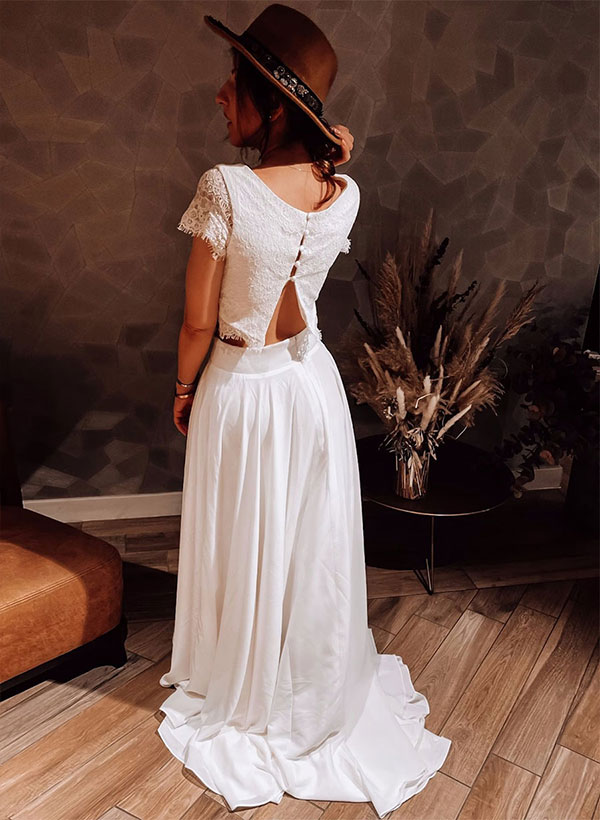 Ivory Two-piece Wedding Dresses With A-Line Scoop Neck Buttons Bridal Dress