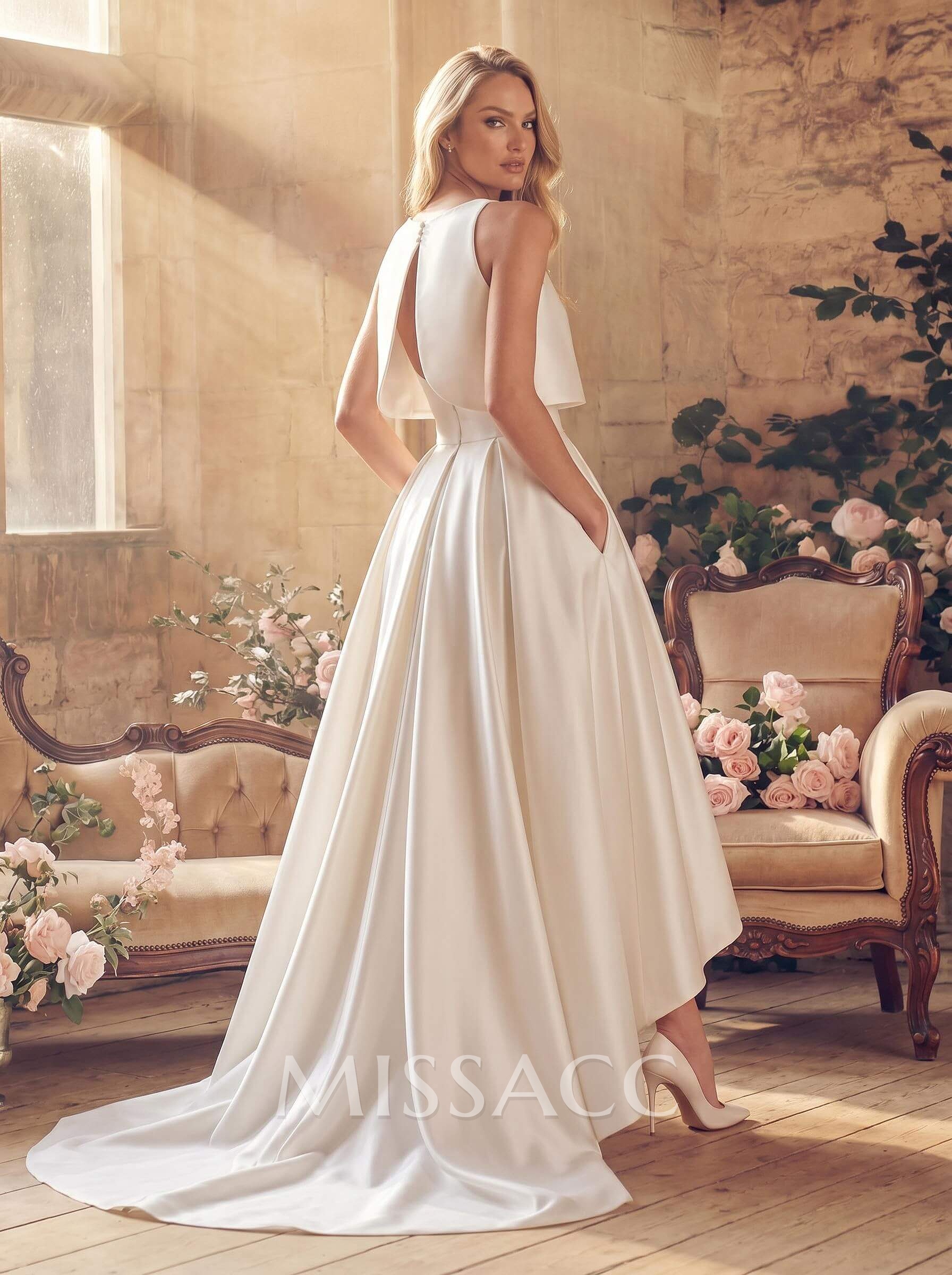 Two-Piece Wedding Dresses With Satin Fabric A-Line Zipper Sleeveless Ivory Simple Bridal Dress