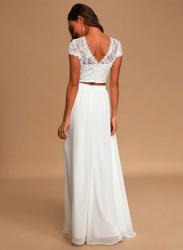 Two-piece Wedding Dresses With Chiffon Lace  A-Line Floor-Length Ivory Bridal Dress
