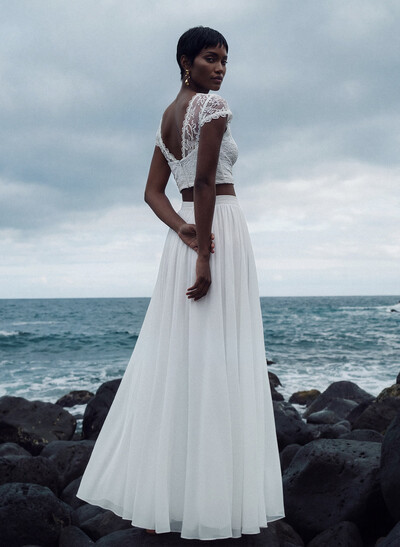 Two-Piece Wedding Dresses With Chiffon Lace A-Line Floor-Length Ivory Bridal Dress