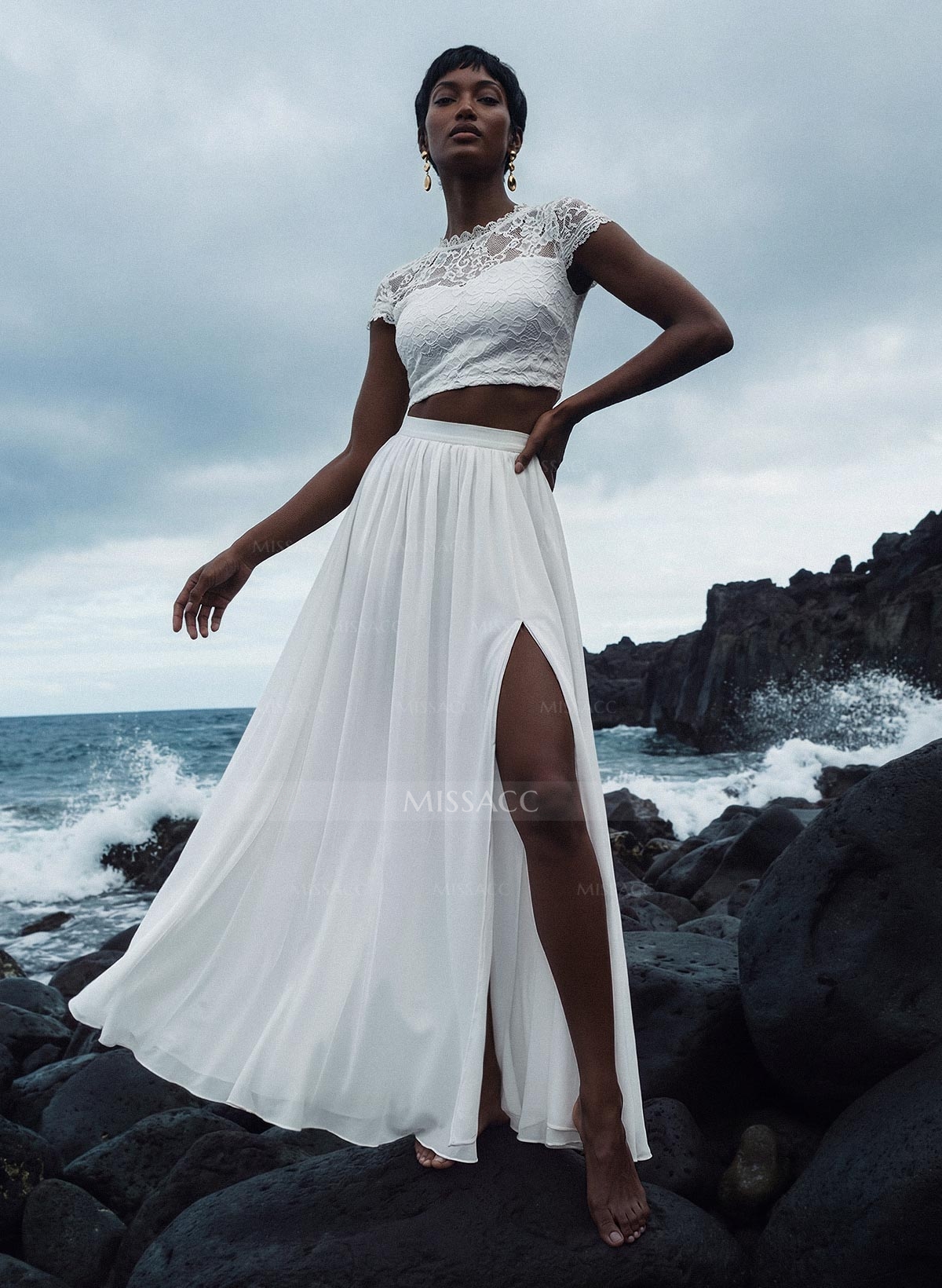 Two-Piece Wedding Dresses With Chiffon Lace A-Line Floor-Length Ivory Bridal Dress