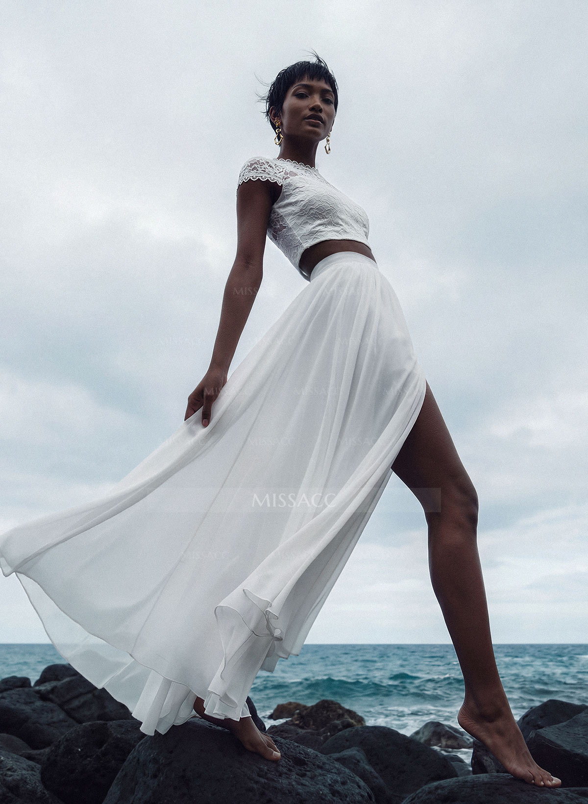 Two-Piece Wedding Dresses With Chiffon Lace A-Line Floor-Length Ivory Bridal Dress