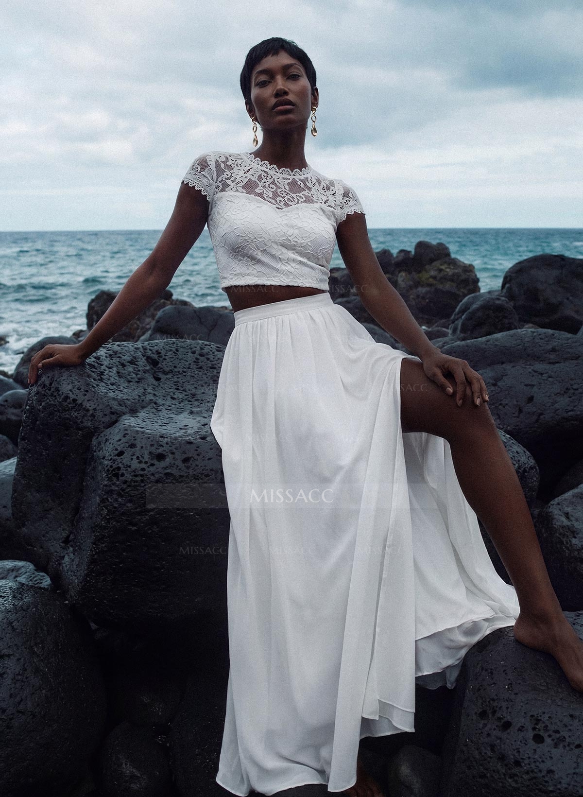 Two-Piece Wedding Dresses With Chiffon Lace A-Line Floor-Length Ivory Bridal Dress