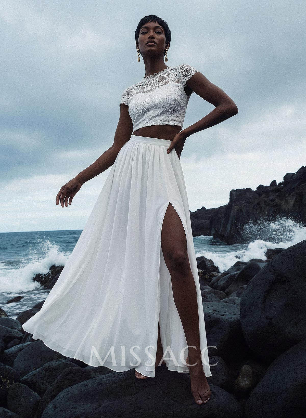 Two-Piece Wedding Dresses With Chiffon Lace A-Line Floor-Length Ivory Bridal Dress Two-Piece Wedding Dresses With Chiffon Lace A-Line Floor-Length Ivory Bridal Dress