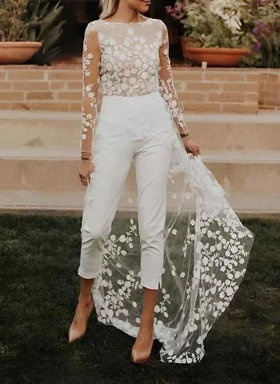 Simple Wedding Dresses With Long Sleeves Lace Elastic Satin A-Line Bridal Jumpsuit