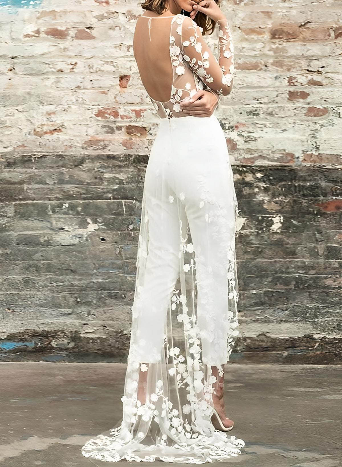 Simple Wedding Dresses With Long Sleeves Lace Elastic Satin A-Line Bridal Jumpsuit