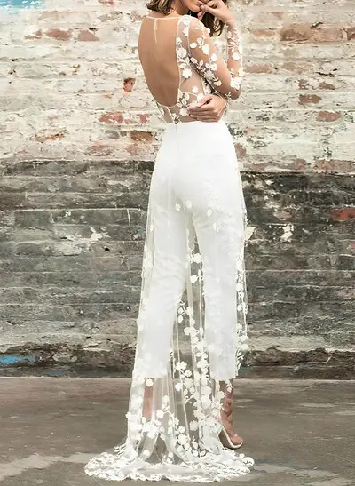 Simple Wedding Dresses With Long Sleeves Lace Elastic Satin A-Line Bridal Jumpsuit