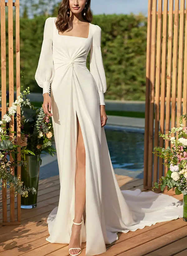 Long Sleeves Boho Square Neckline Wedding Dresses With Chiffon Court Train  - Missacc Australia