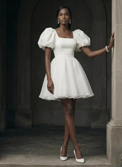 A-Line Square Neckline 1/2 Sleeves Short/Mini Organza Wedding Dresses With Bow