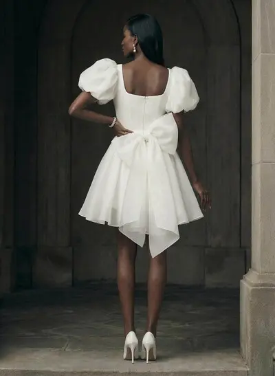 A-Line Square Neckline 1/2 Sleeves Short/Mini Organza Wedding Dresses With Bow