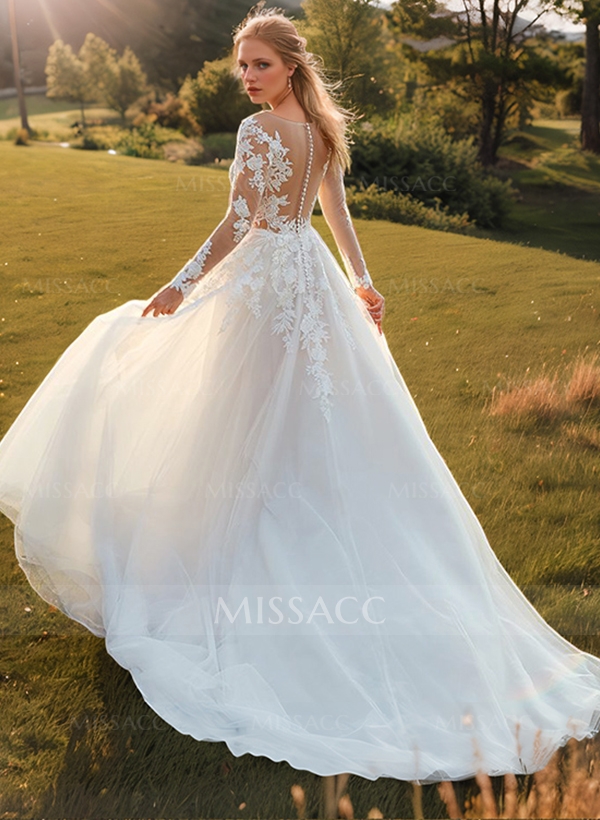 Long Sleeves Ball-Gown Lace Wedding Dresses With Romantic Tulle