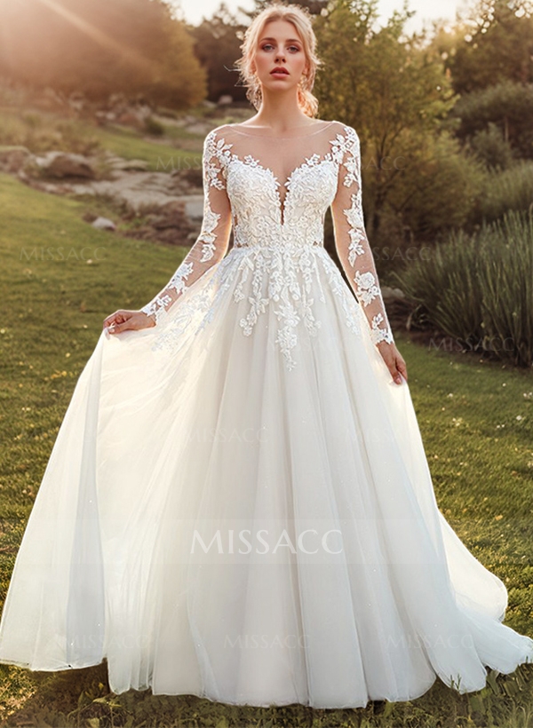 Long Sleeves Ball-Gown Lace Wedding Dresses With Romantic Tulle