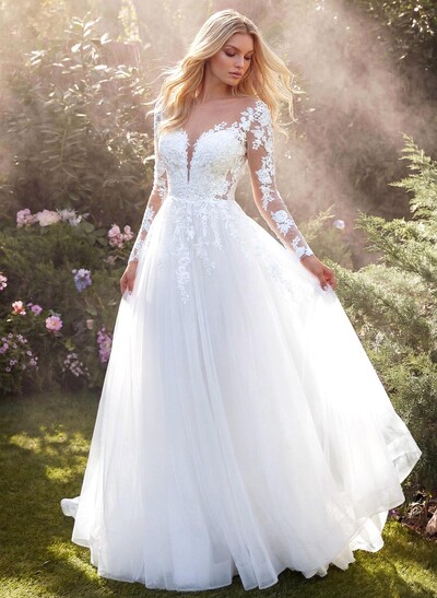 Long Sleeves Ball-Gown Lace Wedding Dresses With Romantic Tulle
