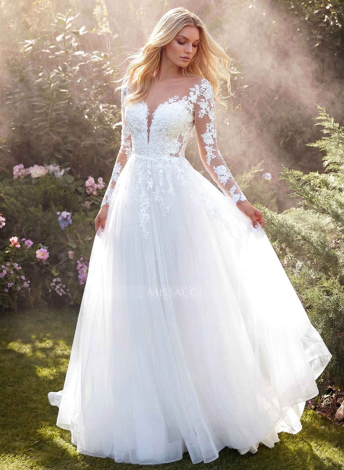 Long Sleeves Ball-Gown Lace Wedding Dresses With Romantic Tulle