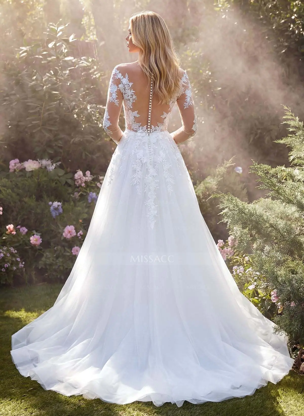 Long Sleeves Ball-Gown Lace Wedding Dresses With Romantic Tulle - Missacc