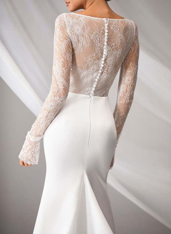 Long Sleeves Romantic Lace Back Wedding Dresses With Square Neckline