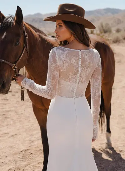 Long Sleeves Romantic Lace Back Wedding Dresses With Square Neckline